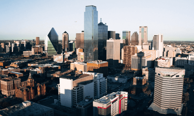 Aerial view of the downtown Dallas, Texas skyline